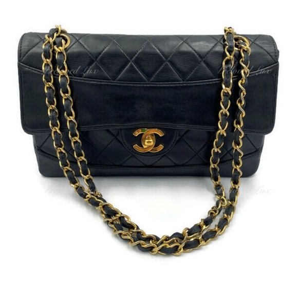 Authentic CHANEL Lambskin Double Chain Small Vintage Flap Black / Gold Hardware - Picture 1 of 17